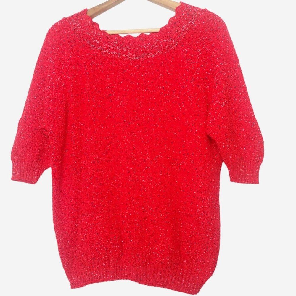 Vintage Adele Womens Large Sweater Red Silver Sparkle Shirt Sleeve Holiday EUC